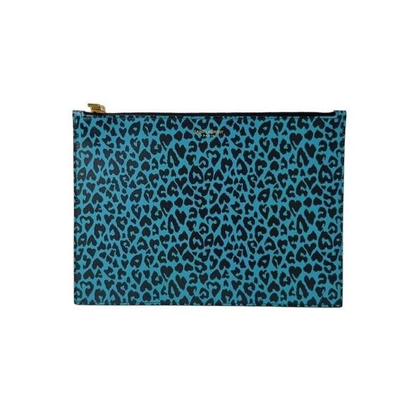 Saint Laurent YSL Leopard Print Blue Nero Pouch - Picture 1 of 5